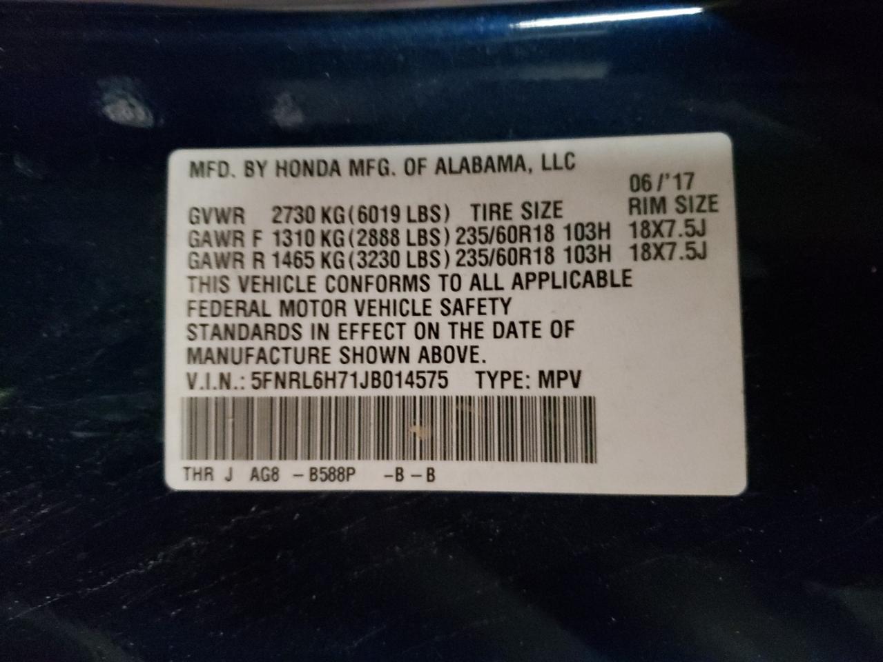 Photo 10 from auction – 2018 HONDA ODYSSEY EX with VIN 5FNRL6H71JB014575