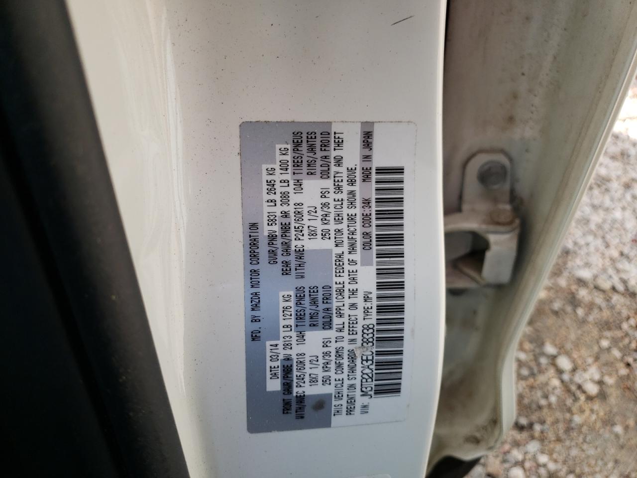 Photo 10 from auction – 2014 MAZDA CX-9 TOURI with VIN JM3TB2CA3E0438338