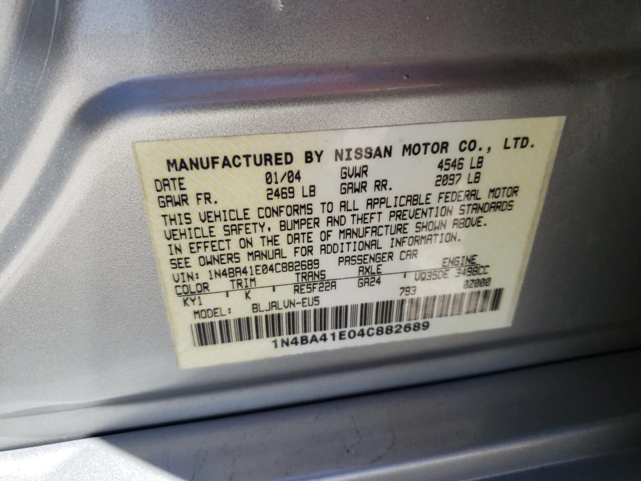 Photo 10 from auction – 2004 NISSAN MAXIMA SE with VIN 1N4BA41E04C882689