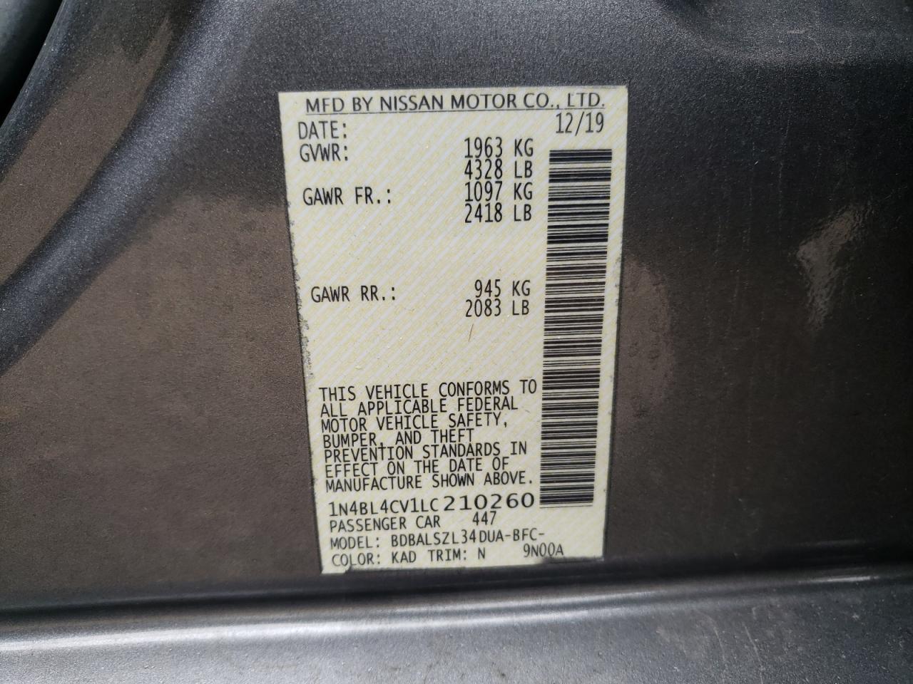 Photo 10 from auction – 2020 NISSAN ALTIMA SR with VIN 1N4BL4CV1LC210260
