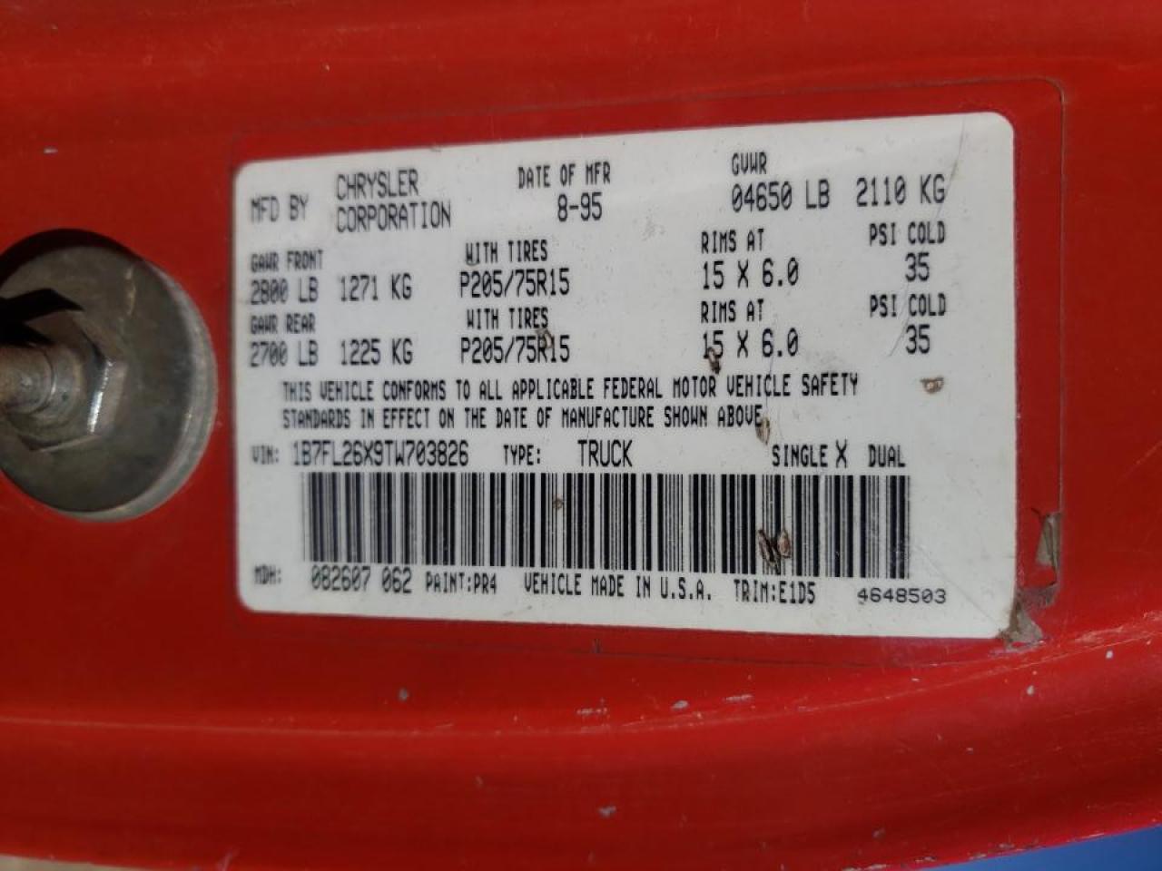 Zdjęcie 10 z aukcji – 1996 DODGE DAKOTA z VIN 1B7FL26X9TW703826