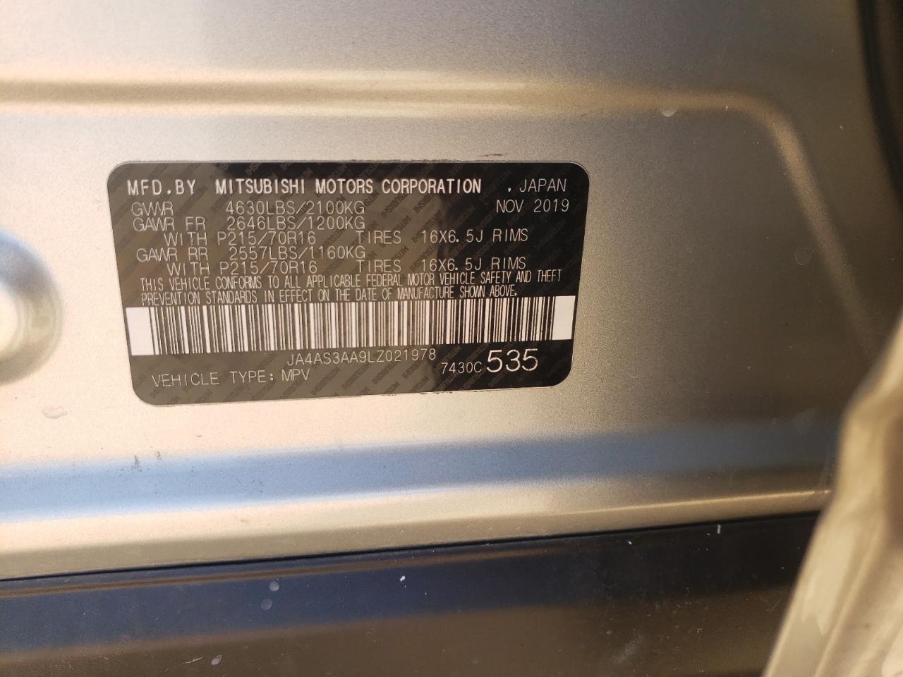 Photo 10 from auction – 2020 MITSUBISHI ECLIPSE CR with VIN JA4AS3AA9LZ021978