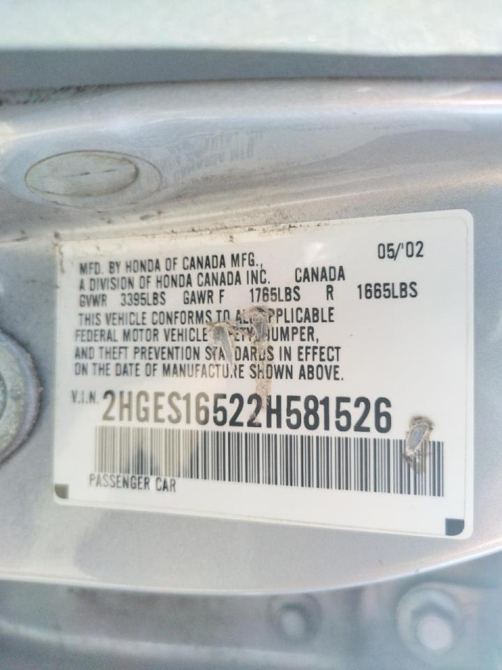 Photo 10 from auction – 2002 HONDA CIVIC LX with VIN 2HGES16522H581526