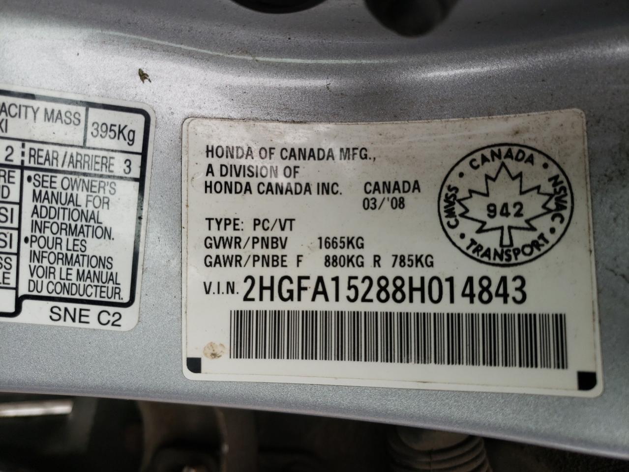 Photo 10 from auction – 2008 HONDA CIVIC DX with VIN 2HGFA15288H014843