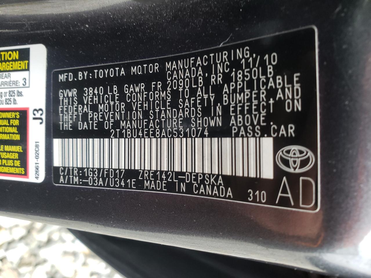 Photo 10 from auction – 2010 TOYOTA COROLLA BA with VIN 2T1BU4EE8AC531074
