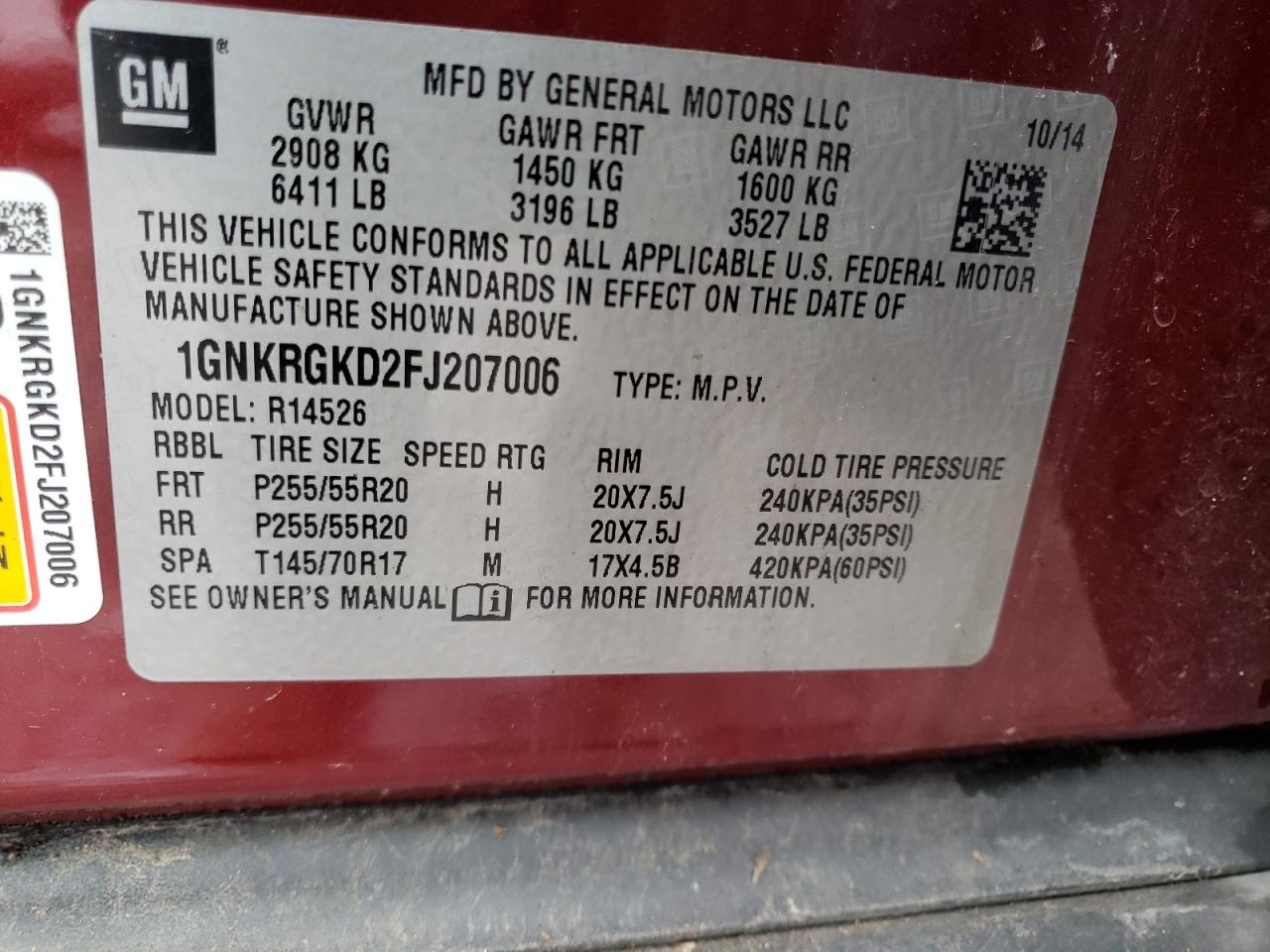 Photo 10 from auction – 2015 CHEVROLET TRAVERSE L with VIN 1GNKRGKD2FJ207006