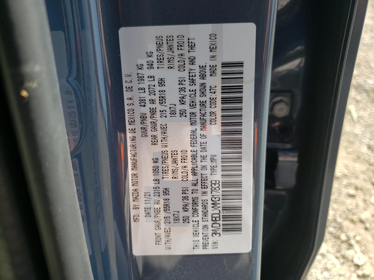 Photo 10 from auction – 2021 MAZDA CX-30 PREM with VIN 3MVDMBDLXMM317839