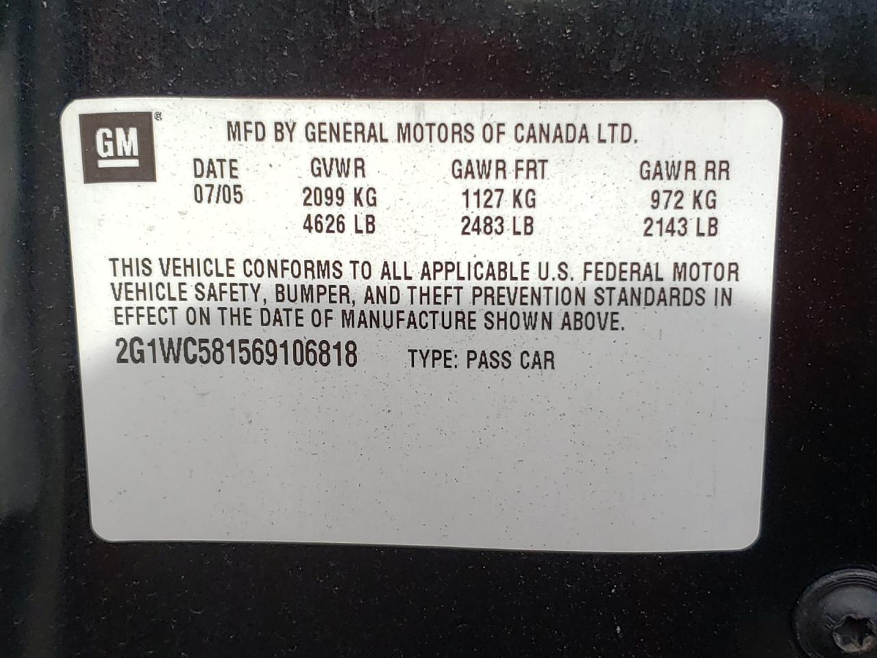 Photo 10 from auction – 2006 CHEVROLET IMPALA LT with VIN 2G1WC581569106818