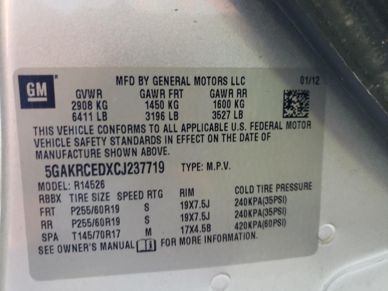 Photo 10 from auction – 2012 BUICK ENCLAVE with VIN 5GAKRCEDXCJ237719