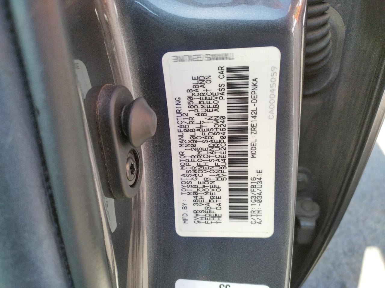 Photo 10 from auction – 2012 TOYOTA COROLLA BA with VIN 5YFBU4EE2CP046240