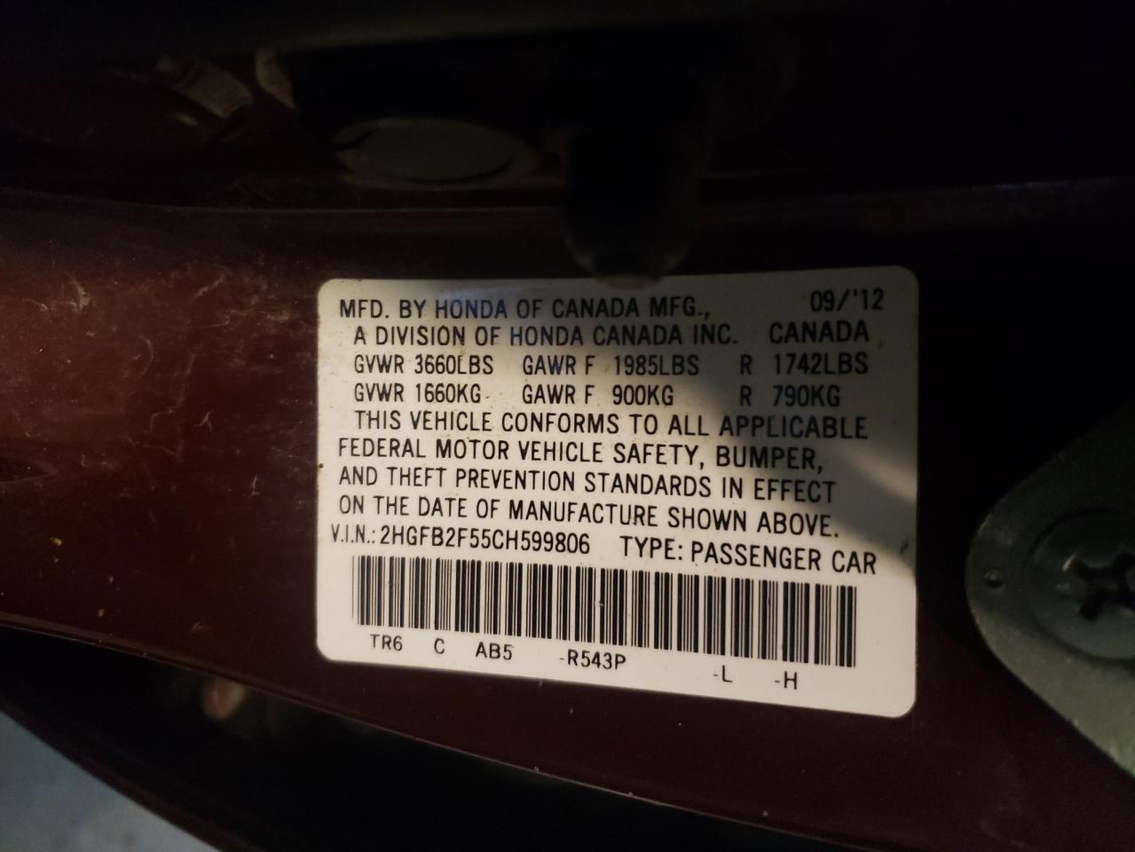 Photo 10 from auction – 2012 HONDA CIVIC with VIN 2HGFB2F55CH599806