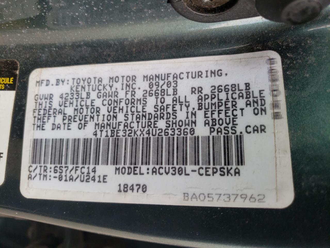 Photo 10 from auction – 2004 TOYOTA CAMRY LE with VIN 4T1BE32KX4U263360