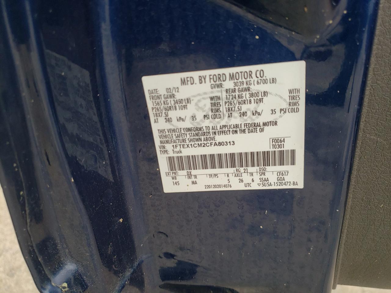 Photo 10 from auction – 2012 FORD F150 SUPER with VIN 1FTEX1CM2CFA80313
