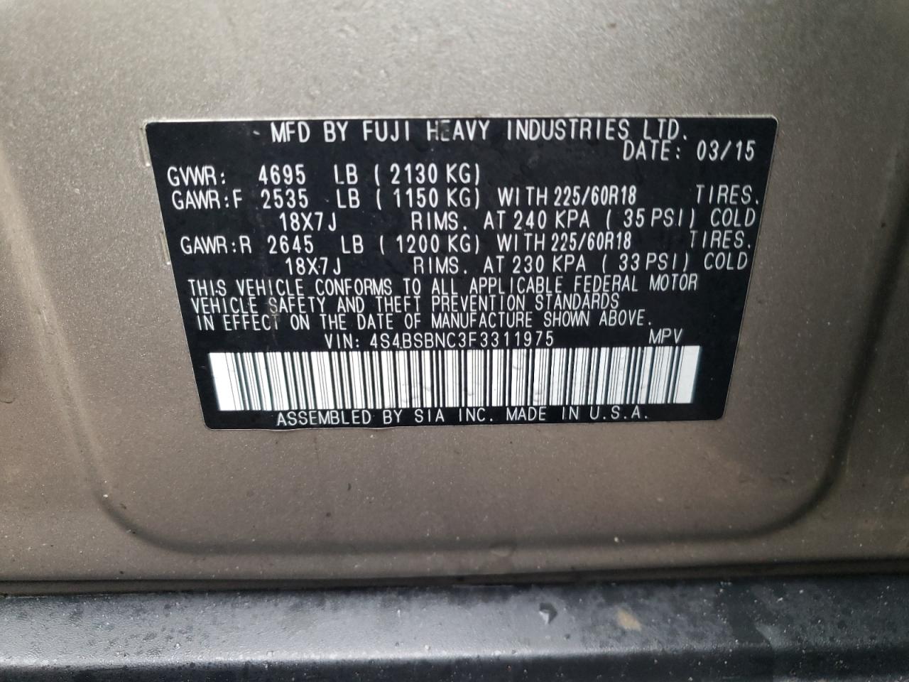 Photo 10 from auction – 2015 SUBARU OUTBACK 2. with VIN 4S4BSBNC3F3311975
