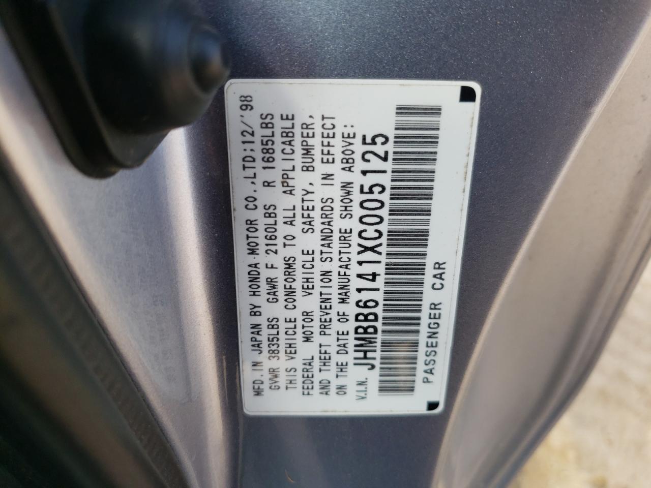 Photo 10 from auction – 1999 HONDA PRELUDE with VIN JHMBB6141XC005125