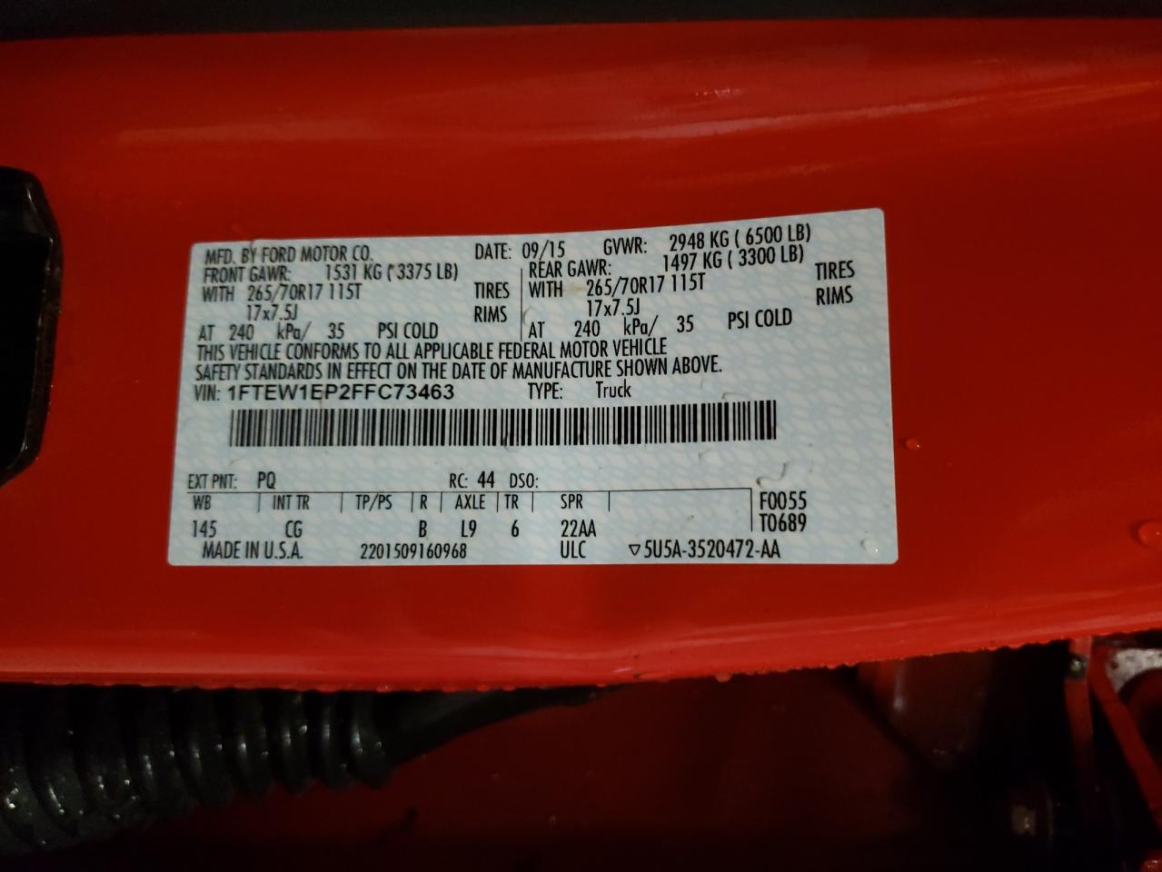 Photo 10 from auction – 2015 FORD F150 SUPER with VIN 1FTEW1EP2FFC73463