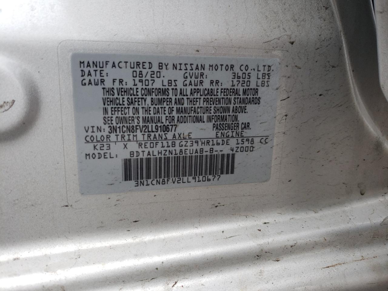 Photo 10 from auction – 2020 NISSAN VERSA SR with VIN 3N1CN8FV2LL910677