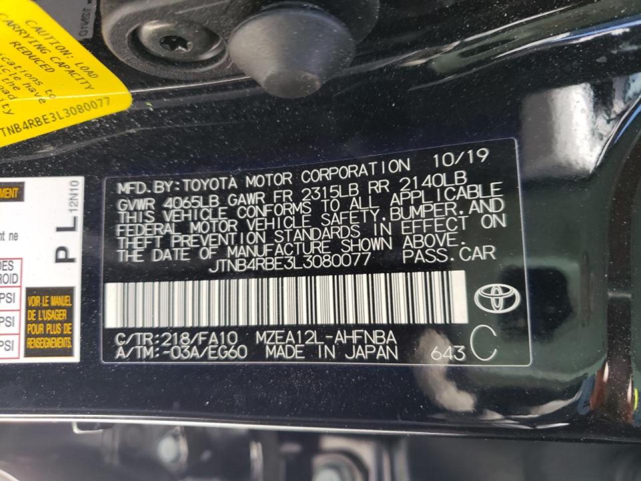 Photo 10 from auction – 2020 TOYOTA COROLLA SE with VIN JTNB4RBE3L3080077