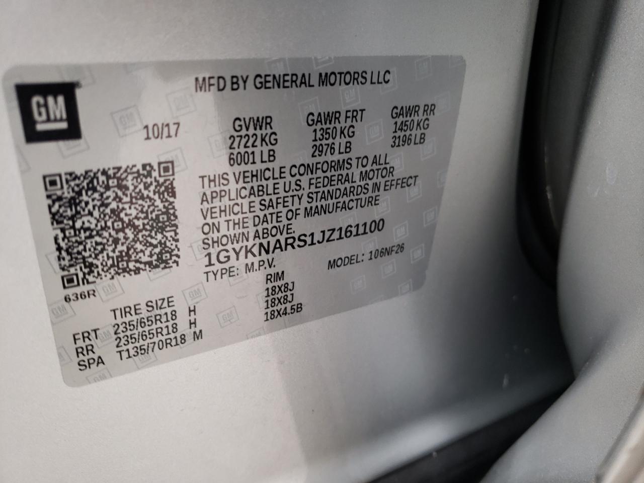 Photo 10 from auction – 2018 CADILLAC XT5 with VIN 1GYKNARS1JZ161100