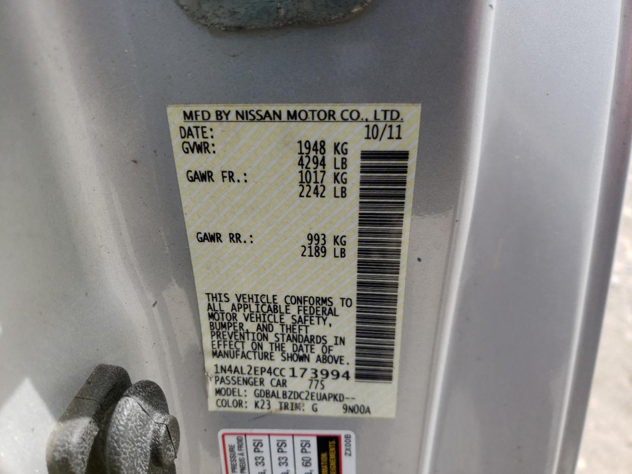 Photo 10 from auction – 2012 NISSAN ALTIMA S with VIN 1N4AL2EP4CC173994