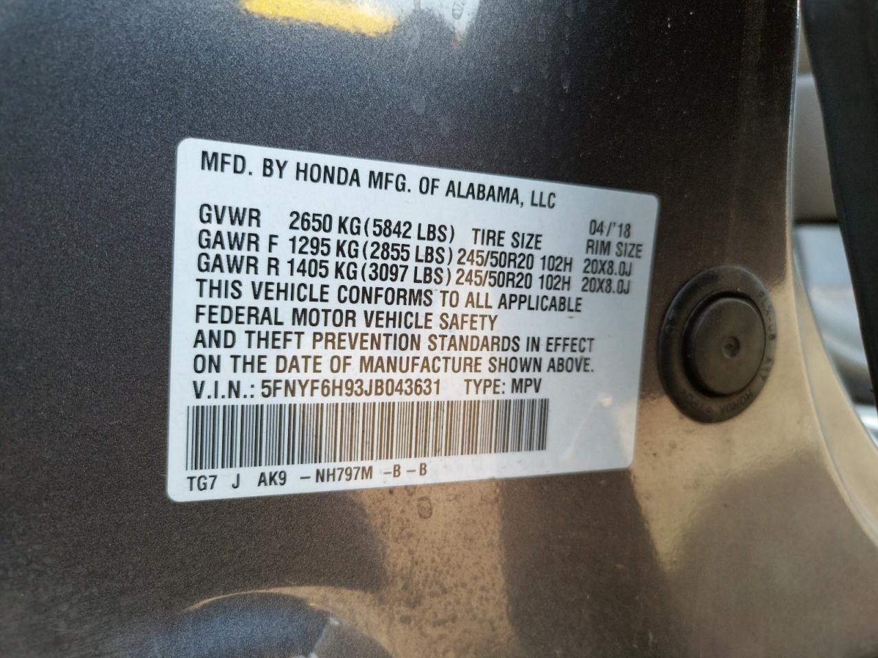 Photo 10 from auction – 2018 HONDA PILOT TOUR with VIN 5FNYF6H93JB043631