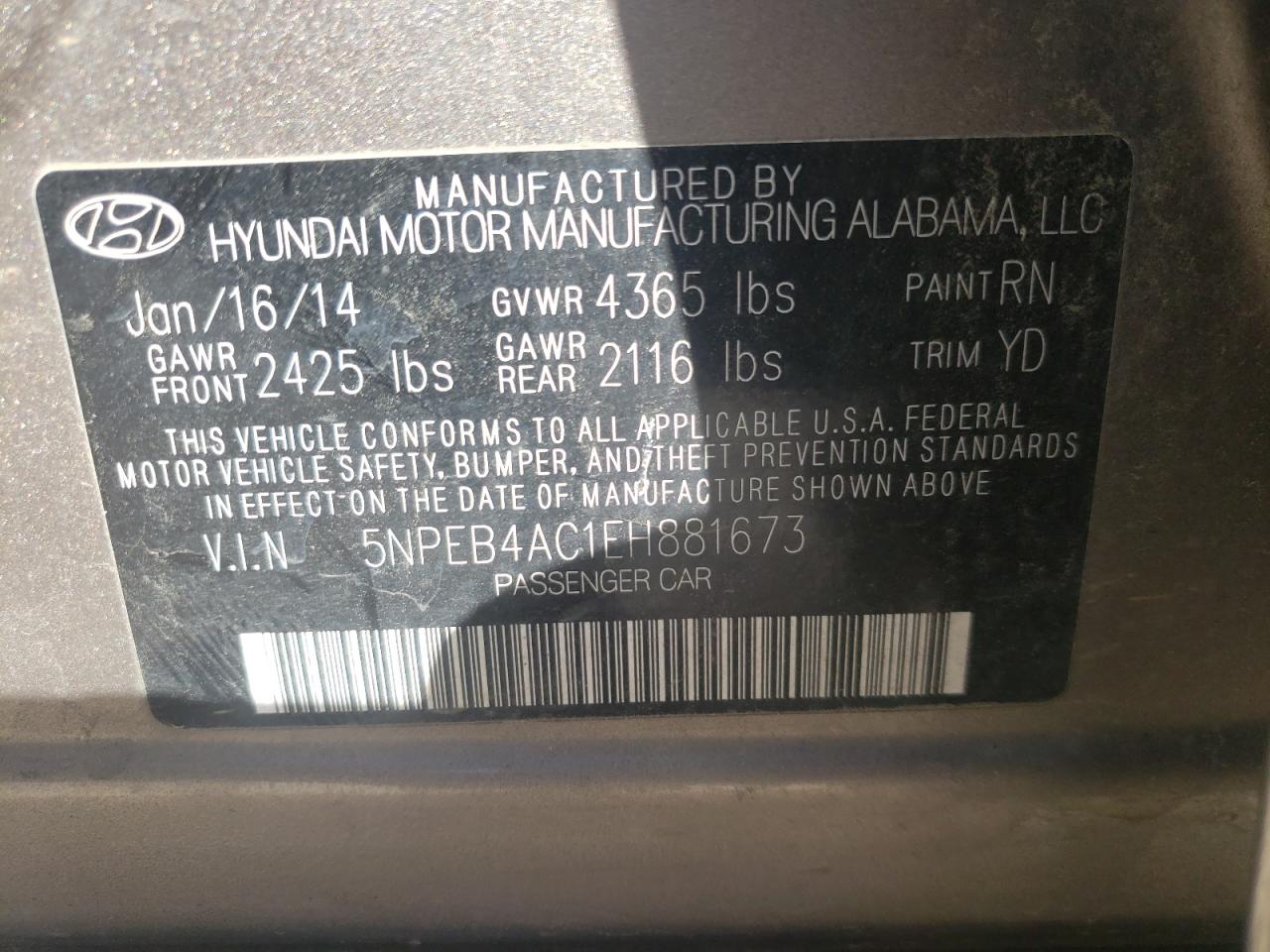 Photo 10 from auction – 2014 HYUNDAI SONATA with VIN 5NPEB4AC1EH881673
