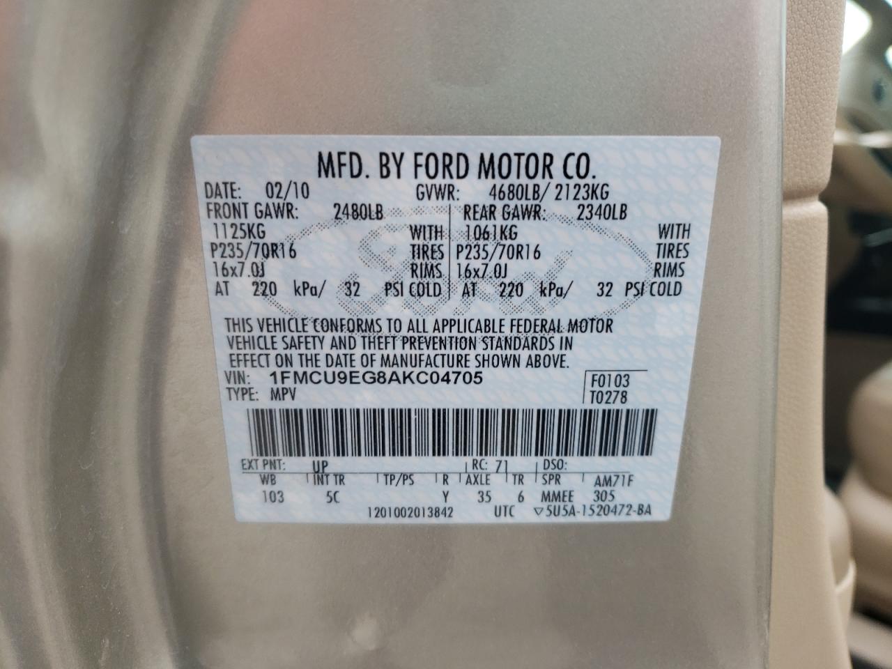 Photo 10 from auction – 2010 FORD ESCAPE LIM with VIN 1FMCU9EG8AKC04705