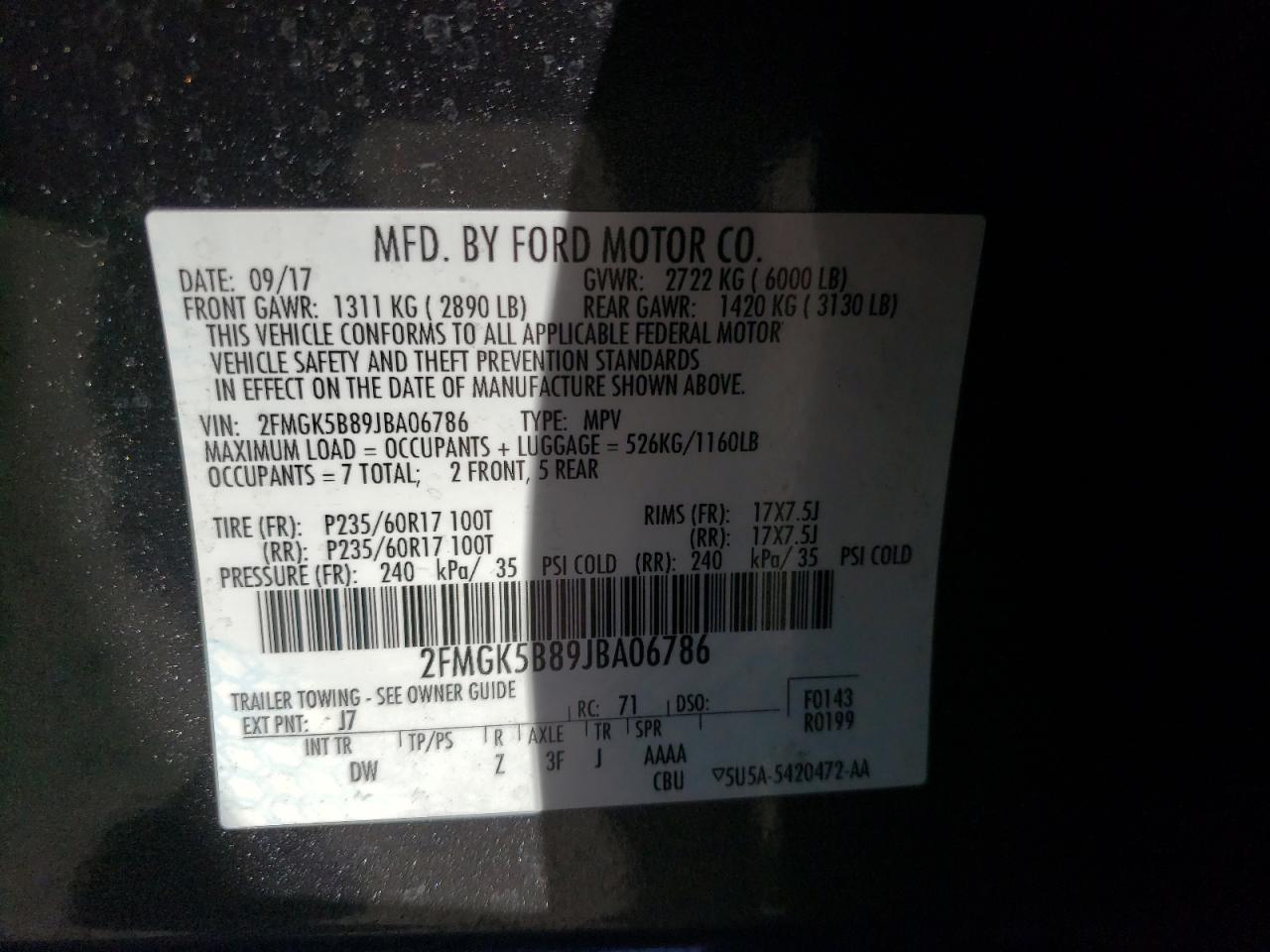 Photo 10 from auction – 2018 FORD FLEX with VIN 2FMGK5B89JBA06786
