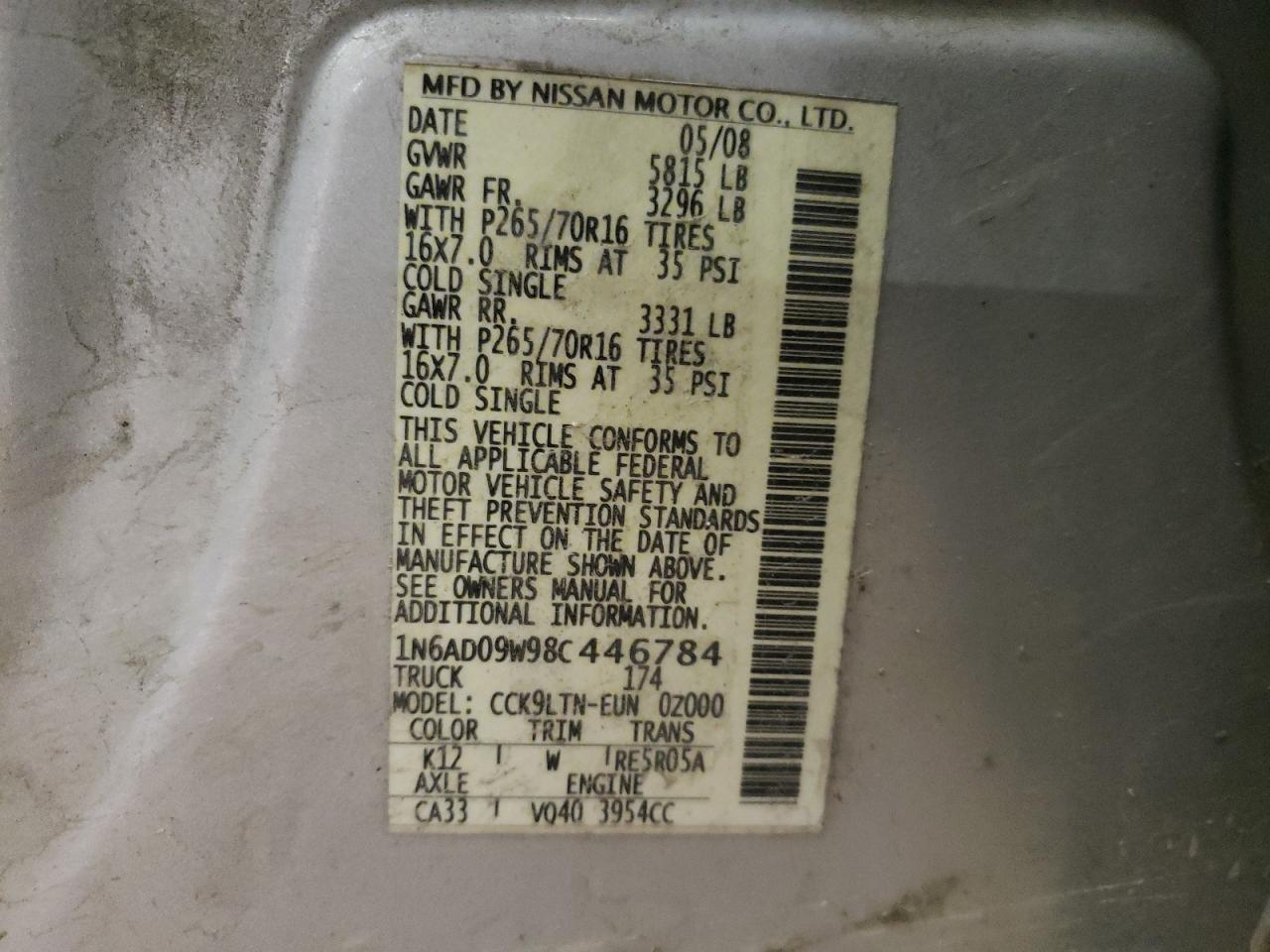 Photo 10 from auction – 2008 NISSAN FRONTIER C with VIN 1N6AD09W98C446784