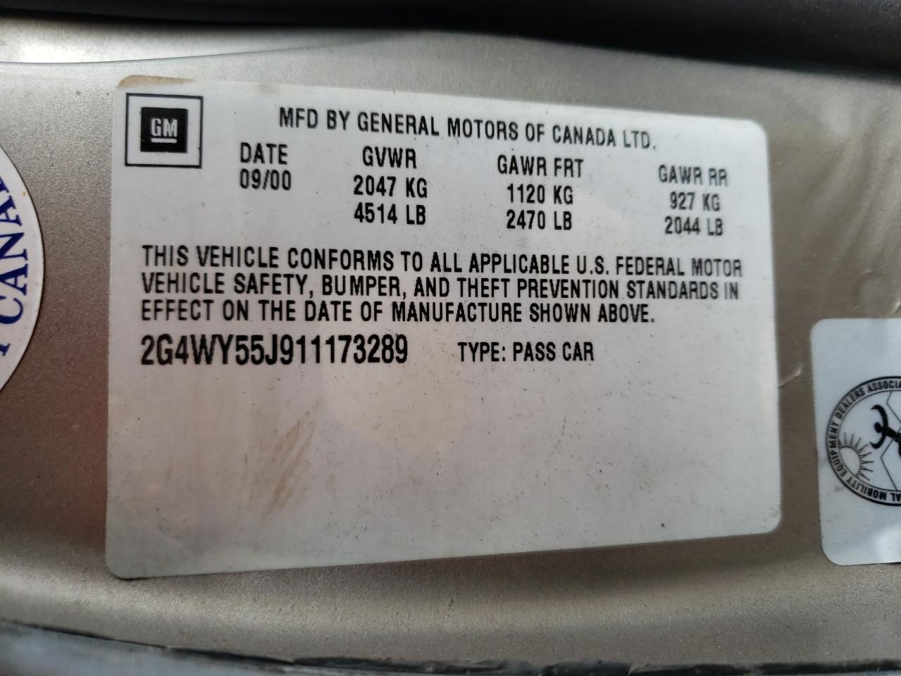 Photo 10 from auction – 2001 BUICK CENTURY LI with VIN 2G4WY55J911173289