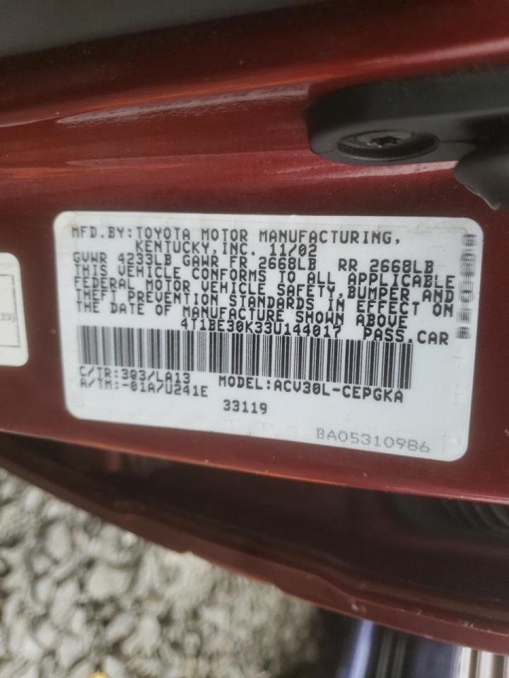 Photo 10 from auction – 2003 TOYOTA CAMRY LE with VIN 4T1BE30K33U144017