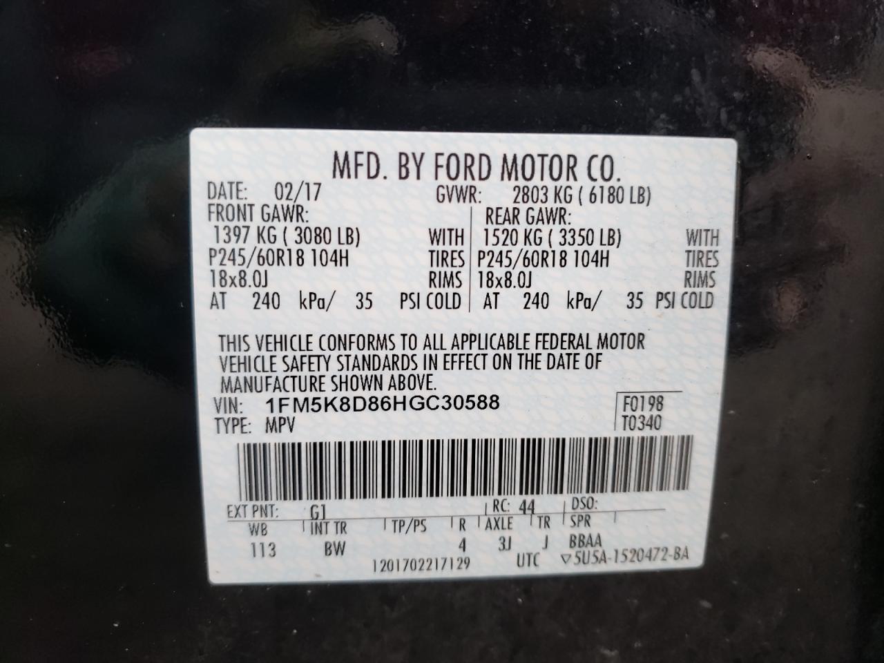 Photo 10 from auction – 2017 FORD EXPLORER X with VIN 1FM5K8D86HGC30588