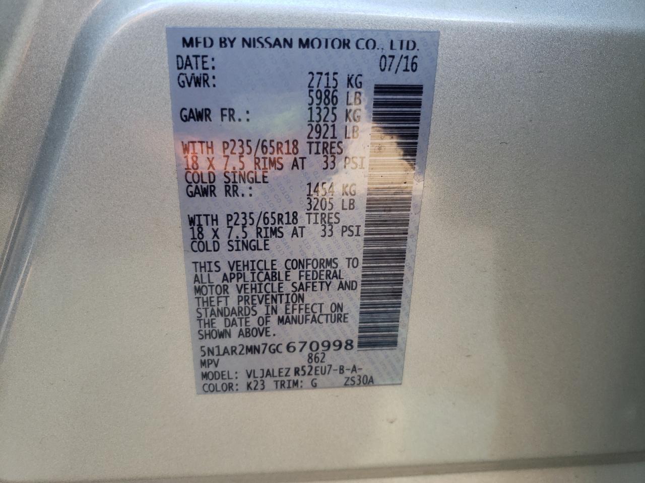 Photo 10 from auction – 2016 NISSAN PATHFINDER with VIN 5N1AR2MN7GC670998