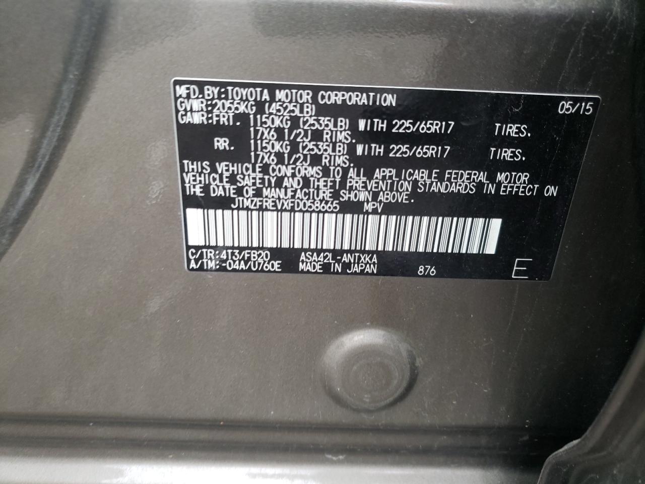 Photo 10 from auction – 2015 TOYOTA RAV4 LE with VIN JTMZFREVXFD058665