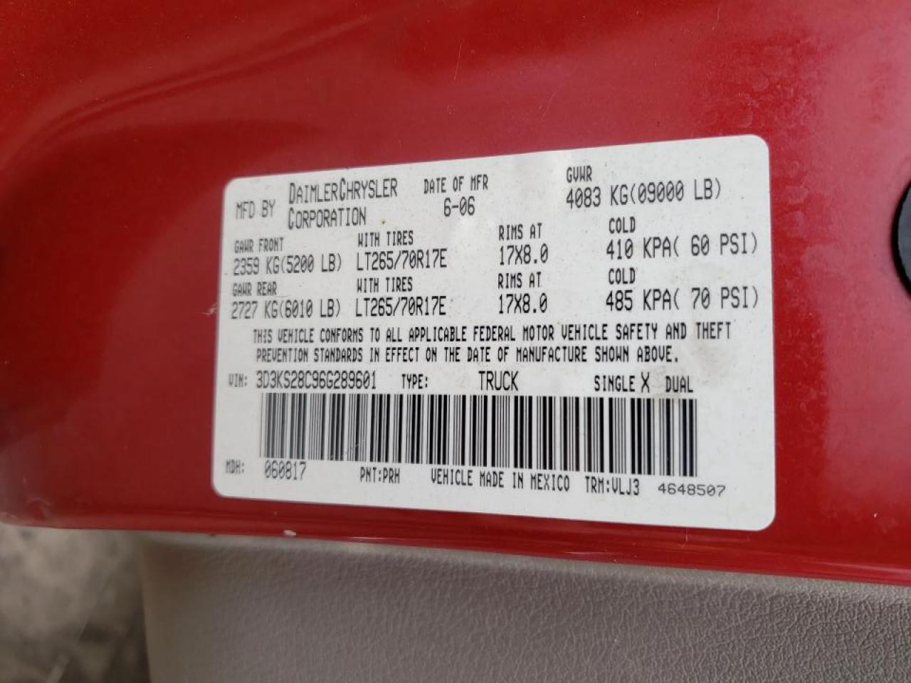 Photo 10 from auction – 2006 DODGE RAM 2500 S with VIN 3D3KS28C96G289601