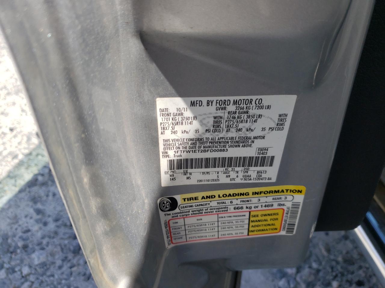 Photo 10 from auction – 2011 FORD F150 SUPER with VIN 1FTFW1ET2BFD00883