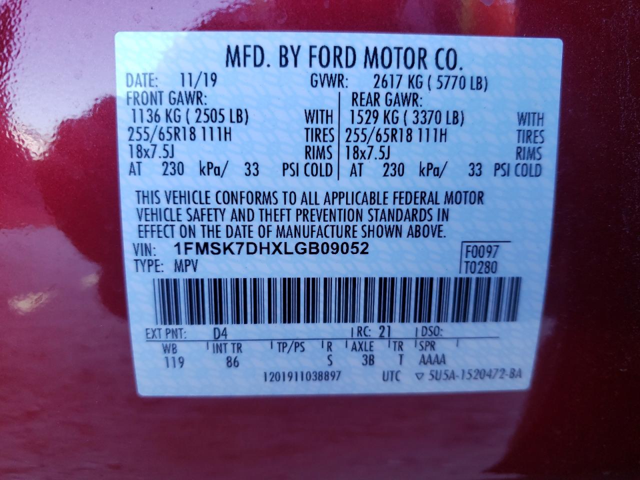 Photo 10 from auction – 2020 FORD EXPLORER X with VIN 1FMSK7DHXLGB09052