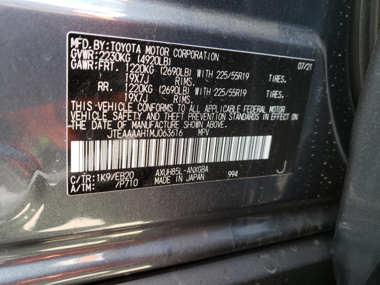 Photo 10 from auction – 2021 TOYOTA VENZA LE with VIN JTEAAAAH1MJ063616
