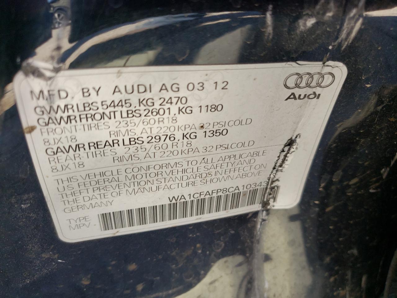 Photo 10 from auction – 2012 AUDI Q5 PREMIUM with VIN WA1CFAFP8CA103438