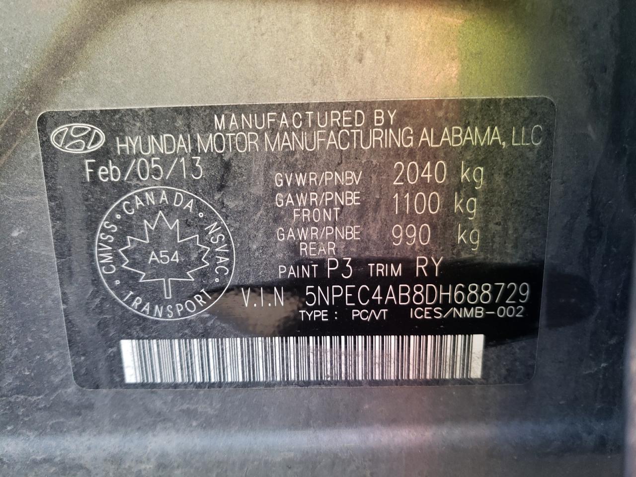 Photo 10 from auction – 2013 HYUNDAI SONATA SE with VIN 5NPEC4AB8DH688729