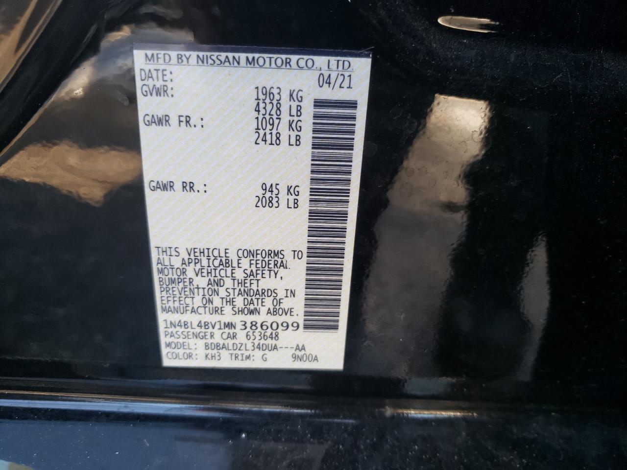 Photo 10 from auction – 2021 NISSAN ALTIMA S with VIN 1N4BL4BV1MN386099