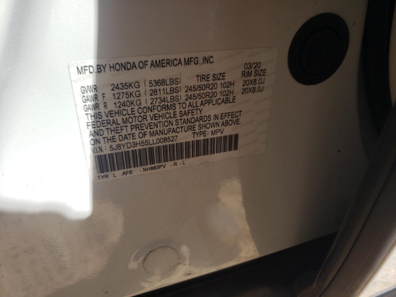 Photo 10 from auction – 2020 ACURA MDX TECHNO with VIN 5J8YD3H55LL008527