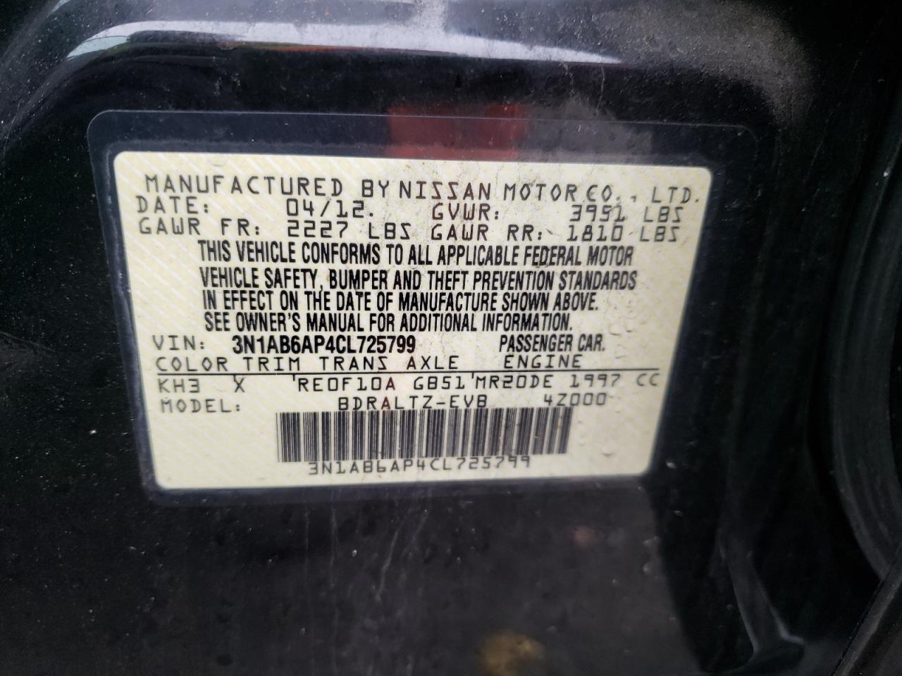 Photo 10 from auction – 2012 NISSAN SENTRA 2.0 with VIN 3N1AB6AP4CL725799