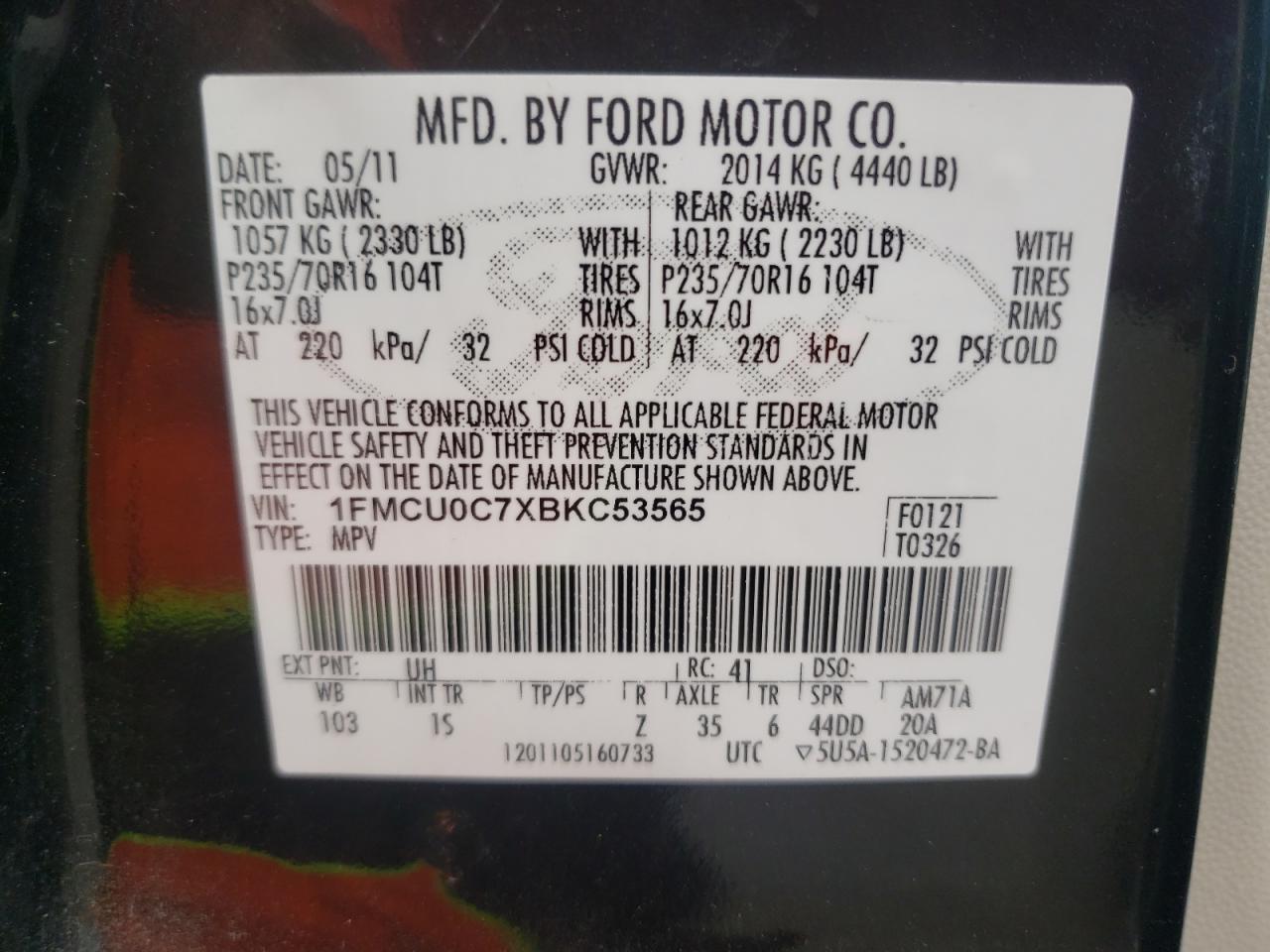 Photo 10 from auction – 2011 FORD ESCAPE XLS with VIN 1FMCU0C7XBKC53565