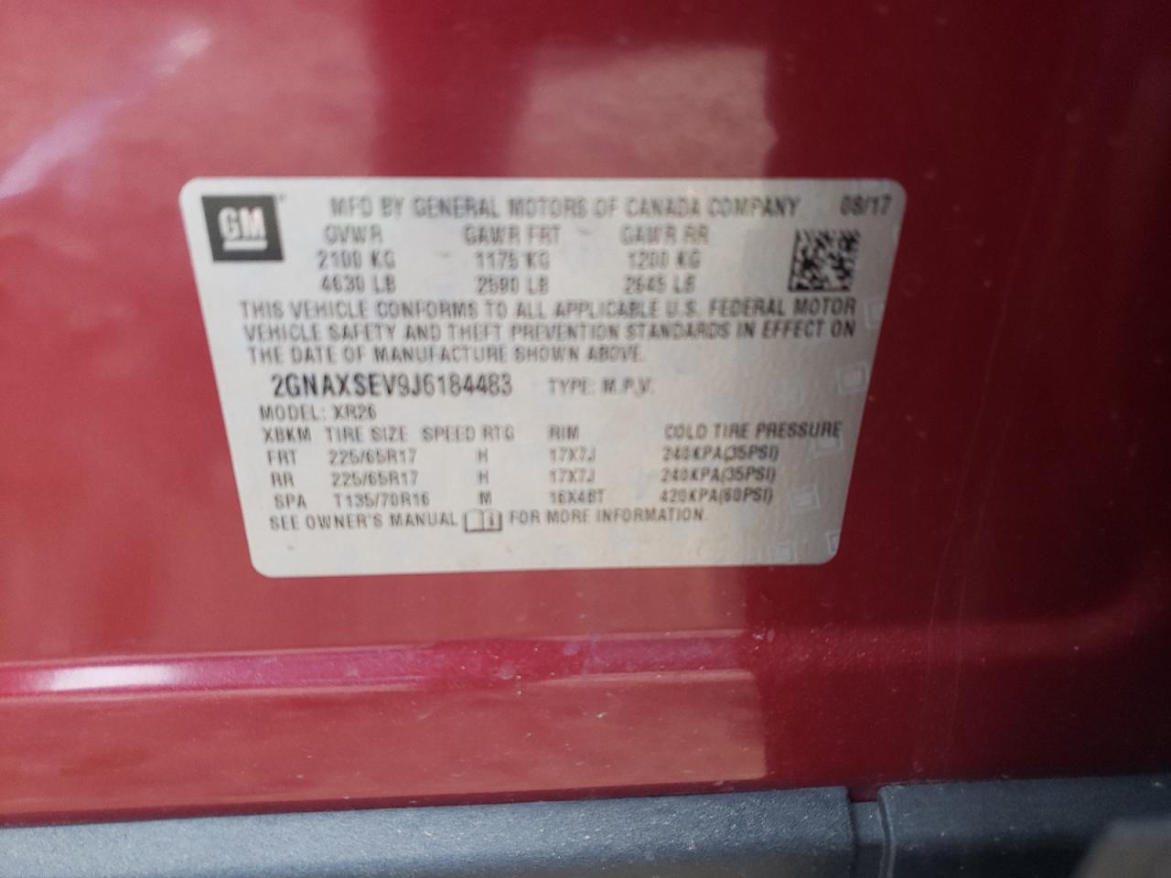 Photo 10 from auction – 2018 CHEVROLET EQUINOX LT with VIN 2GNAXSEV9J6184483