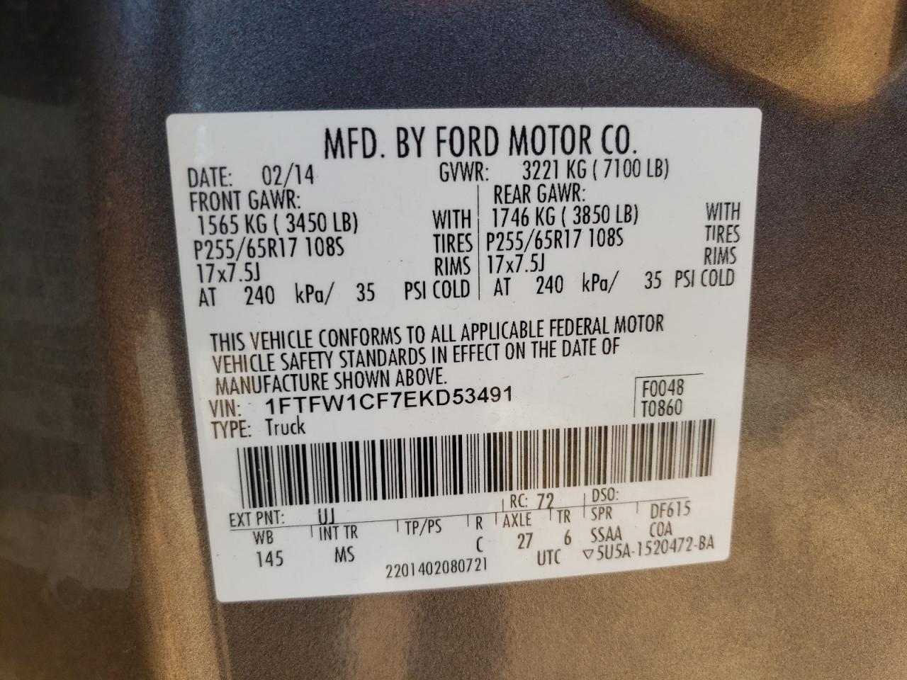 Photo 10 from auction – 2014 FORD F150 SUPER with VIN 1FTFW1CF7EKD53491