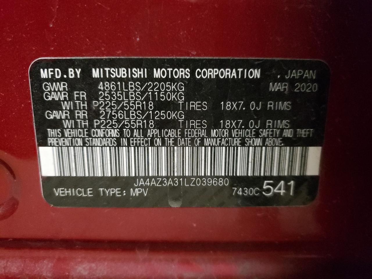 Photo 10 from auction – 2020 MITSUBISHI OUTLANDER with VIN JA4AZ3A31LZ039680