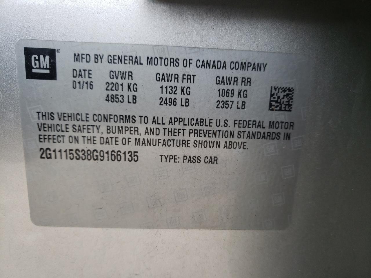 Photo 10 from auction – 2016 CHEVROLET IMPALA LT with VIN 2G1115S38G9166135