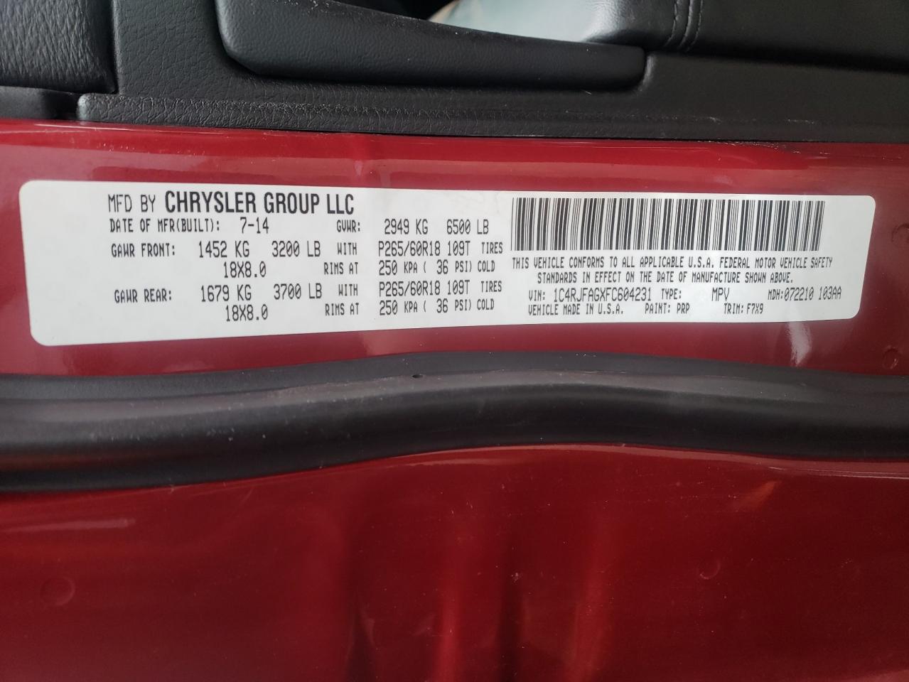 Photo 10 from auction – 2015 JEEP GRAND CHER with VIN 1C4RJFAGXFC604231