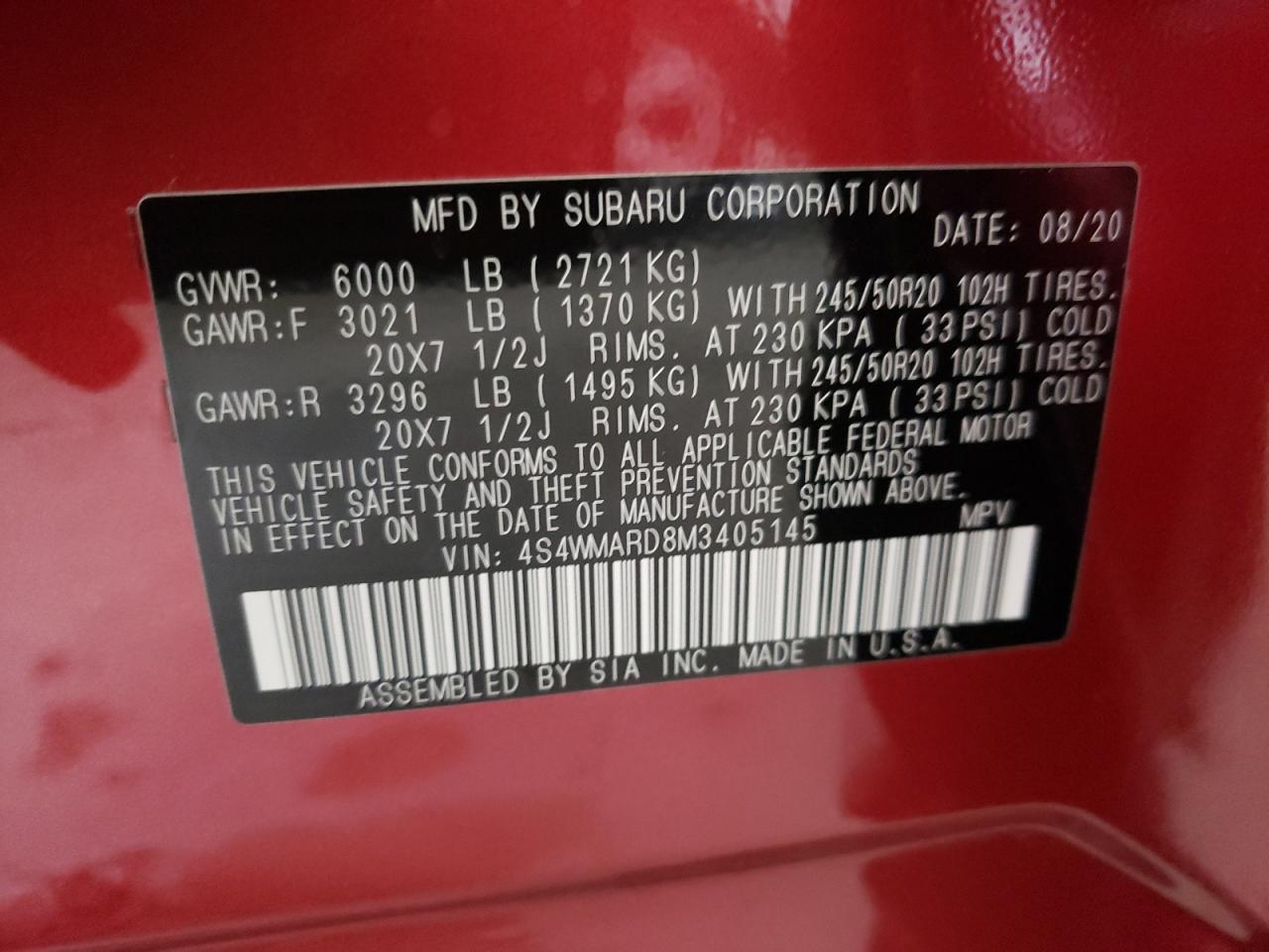 Photo 10 from auction – 2021 SUBARU ASCENT TOU with VIN 4S4WMARD8M3405145
